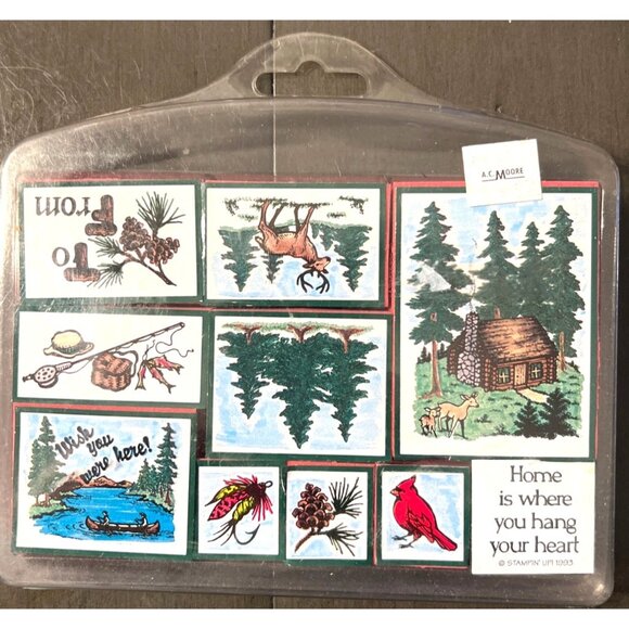 Vintage Stampin Up! Rubber Stamp Set Woodland Cabin Nature Moose Theme 1993 - Picture 1 of 4